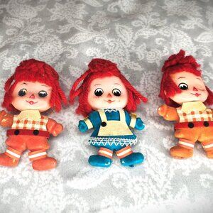 Lot of 3 vintage Raggedy Ann & Andy doll 4" yarn hair, flocked ornaments